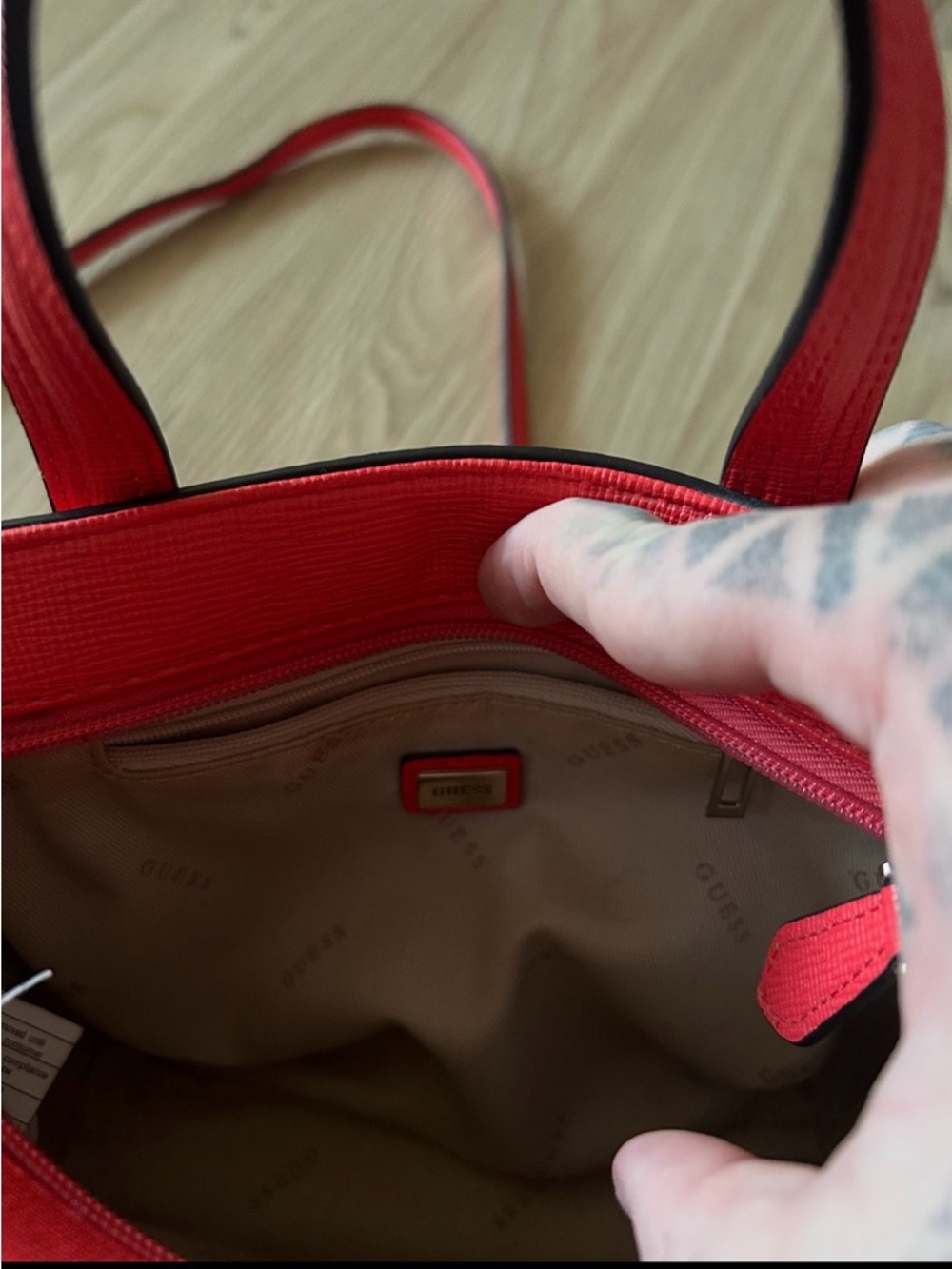 GUESS Kamryn Mini Tote Coral-Red with Pom Pom Charm - Picture 5 of 6